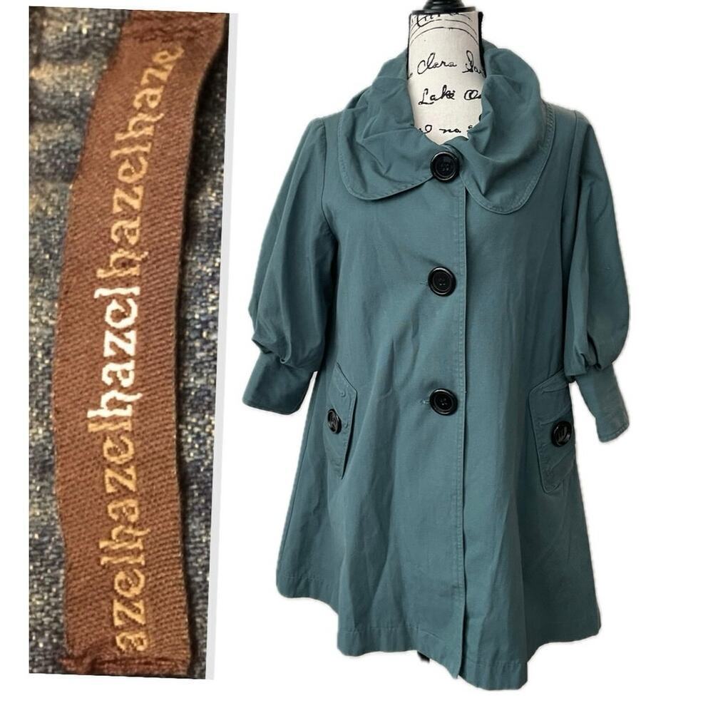 Y2K AZELHAZELHAZELHAZELHAZE TRENCH COAT 3/4‎ SLEEVE GREEN SZ M LIGHT ACADEMIA